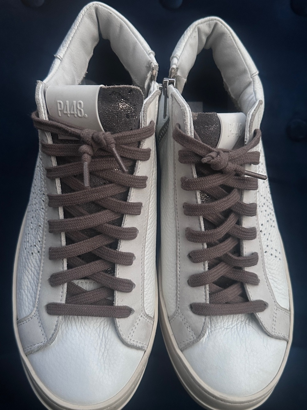 P448 Men's White Leather Sneakers with Brown Laces and Gray Tongue